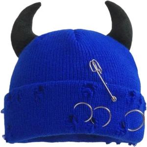 Bonnet à Pompon Tricoté Unisexe en Détresse avec Anneaux Métal, Chapeau Design Trous De Style Rue Punk, Casquette Chaude d&rsquo;hiver pour Halloween Et Noël(Style 2-05)