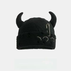 Bonnet à Pompon Tricoté Unisexe en Détresse avec Anneaux Métal, Chapeau Design Trous De Style Rue Punk, Casquette Chaude d&rsquo;hiver pour Halloween Et Noël(Style 2-02)