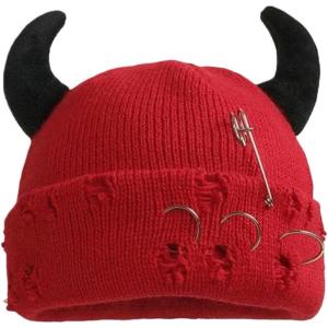 Bonnet à Pompon Tricoté Unisexe en Détresse avec Anneaux Métal, Chapeau Design Trous De Style Rue Punk, Casquette Chaude d&rsquo;hiver pour Halloween Et Noël(Style 2-03)
