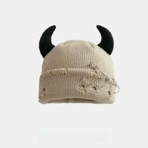 Bonnet à Pompon Tricoté Unisexe en Détresse avec Anneaux Métal, Chapeau Design Trous De Style Rue Punk, Casquette Chaude d&rsquo;hiver pour Halloween Et Noël(Style 2-01)
