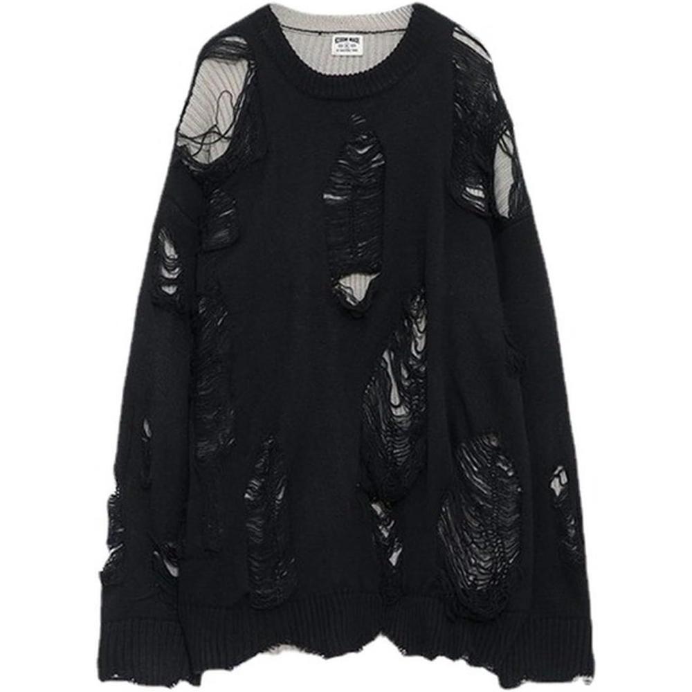 imageWEITING Pull Noir en dtresse Femme rtro Tricot Femme Pull Gothique tricot Streetwear PullNoir