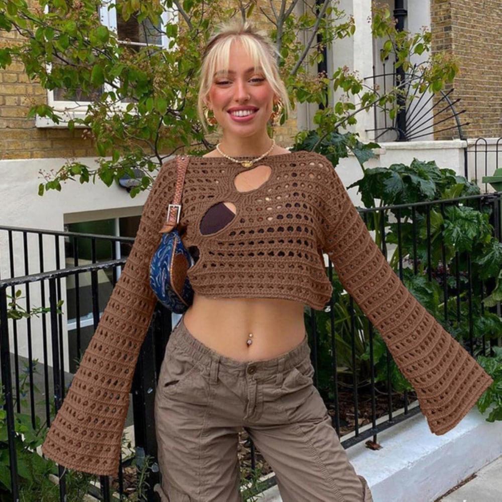 imageY2K vider recadre Tricot Smock Haut Femmes Vintage lche en dtresse Crochet Pulls Hauts Courts fe Grunge Chandail DissimulationAuburn