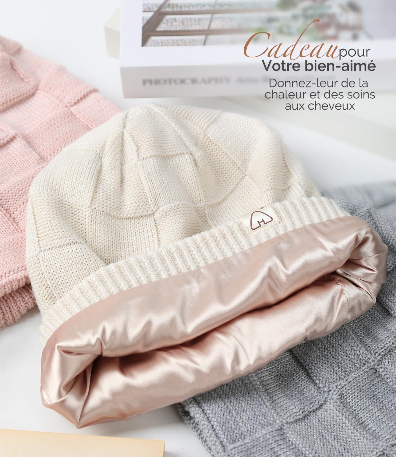 image:imageHat Hut Bonnet Tricot pour Femme Homme Bonnet dhiver Doubl de Satin pour Cheveux Boucls Souple Chaud Slouchy Beanie Lgre UnisexeRose