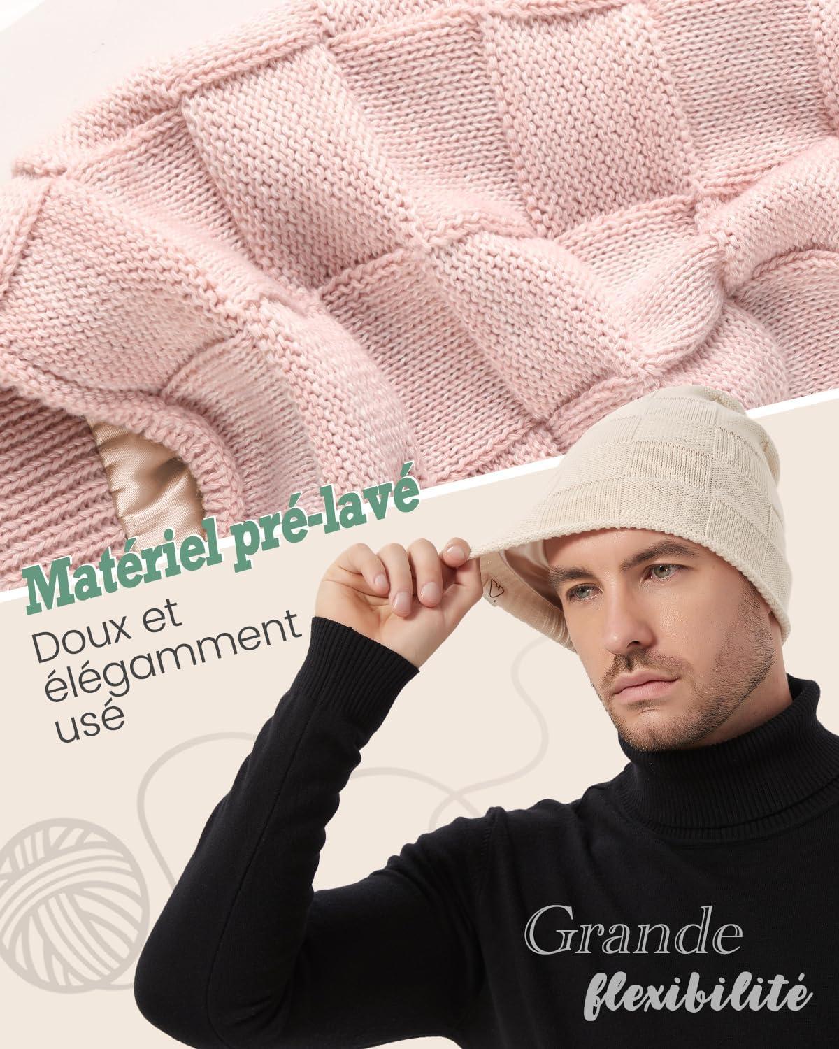 image:imageHat Hut Bonnet Tricot pour Femme Homme Bonnet dhiver Doubl de Satin pour Cheveux Boucls Souple Chaud Slouchy Beanie Lgre UnisexeRose