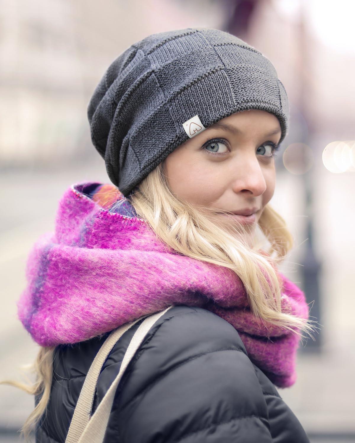 image:imageHat Hut Bonnet Tricot pour Femme Homme Bonnet dhiver Doubl de Satin pour Cheveux Boucls Souple Chaud Slouchy Beanie Lgre UnisexeRose
