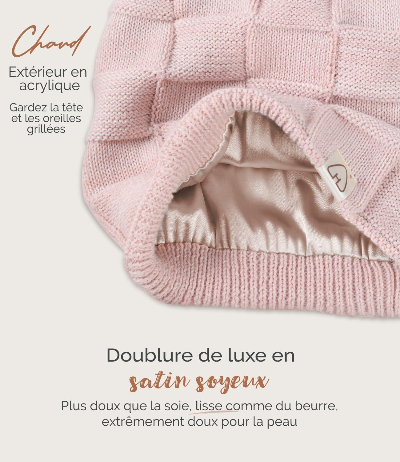 image:imageHat Hut Bonnet Tricot pour Femme Homme Bonnet dhiver Doubl de Satin pour Cheveux Boucls Souple Chaud Slouchy Beanie Lgre UnisexeRose