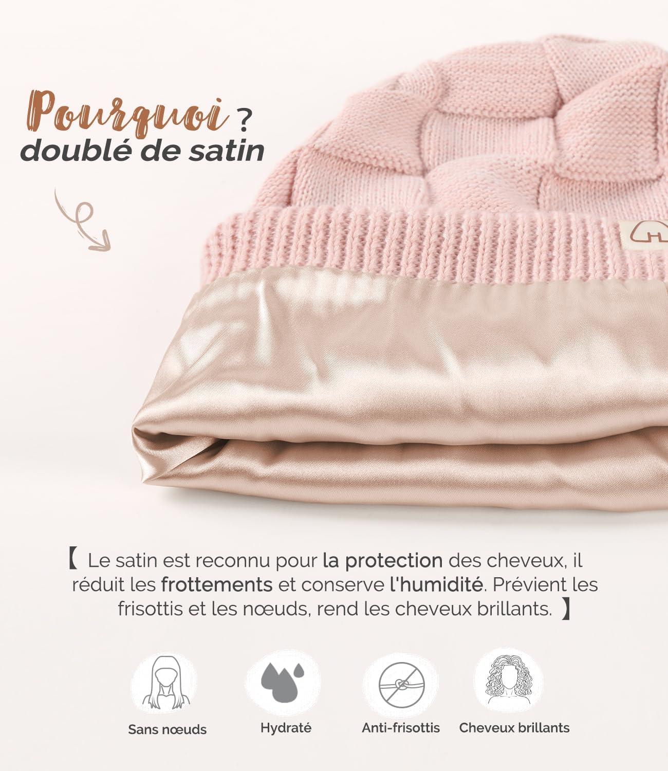 image:imageHat Hut Bonnet Tricot pour Femme Homme Bonnet dhiver Doubl de Satin pour Cheveux Boucls Souple Chaud Slouchy Beanie Lgre UnisexeRose