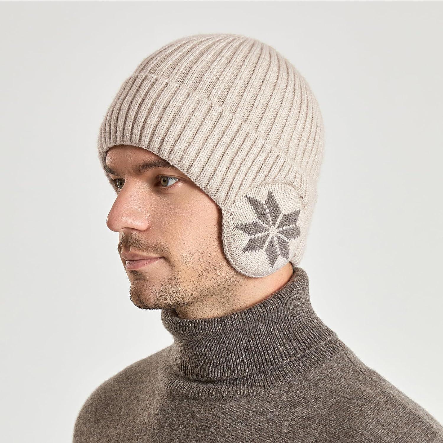image:imageYAMEE Bonnets Tricoter Hommes avec CacheOreilles ChaudBonnets Slouch Beanie Hommes Peluche DouxChapeau dhiver Femme Bonnet Tricot CoupeVentSki Hiver Chapeaux Unisexe pour Activit de Plain AirBeige