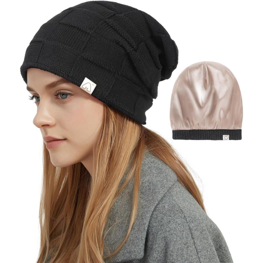 image:imageHat Hut Bonnet Tricot pour Femme Homme Bonnet dhiver Doubl de Satin pour Cheveux Boucls Souple Chaud Slouchy Beanie Lgre UnisexeNoir Pure