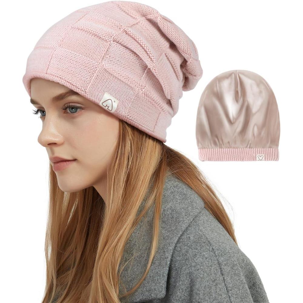 image:imageHat Hut Bonnet Tricot pour Femme Homme Bonnet dhiver Doubl de Satin pour Cheveux Boucls Souple Chaud Slouchy Beanie Lgre UnisexeRose