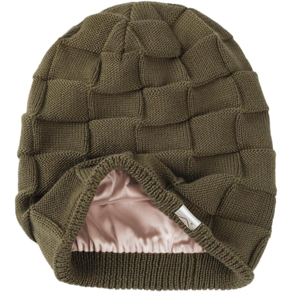 image:imageHat Hut Bonnet Tricot pour Femme Homme Bonnet dhiver Doubl de Satin pour Cheveux Boucls Souple Chaud Slouchy Beanie Lgre UnisexeVert Taupe