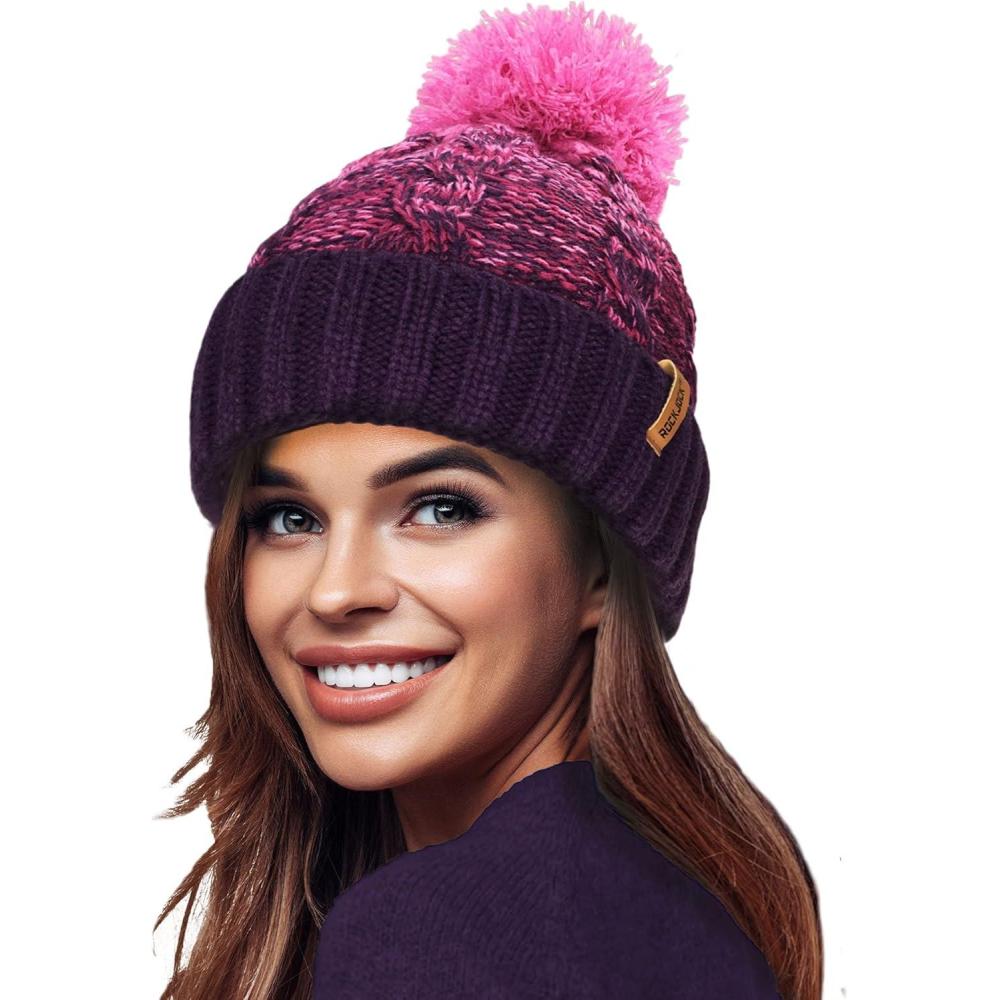 image:imageRockJock STORMACTIVE 100 Impermable Dames Unisexe Chunky Ombre Chaud Hiver Teddy Doubl Tricot Pompon Bonnet BonnetTaille UniqueVIOLETROSE