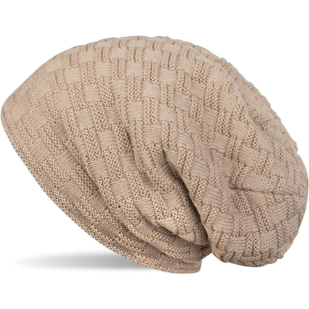 image:imagestyleBREAKER Bonnet Long en Maille Fine avec Motif Tress et Doublure Intrieure en Polaire Chaude Bonnet dhiver Tricot Unisexe lastique Doux Confortable ChaudMarron clair
