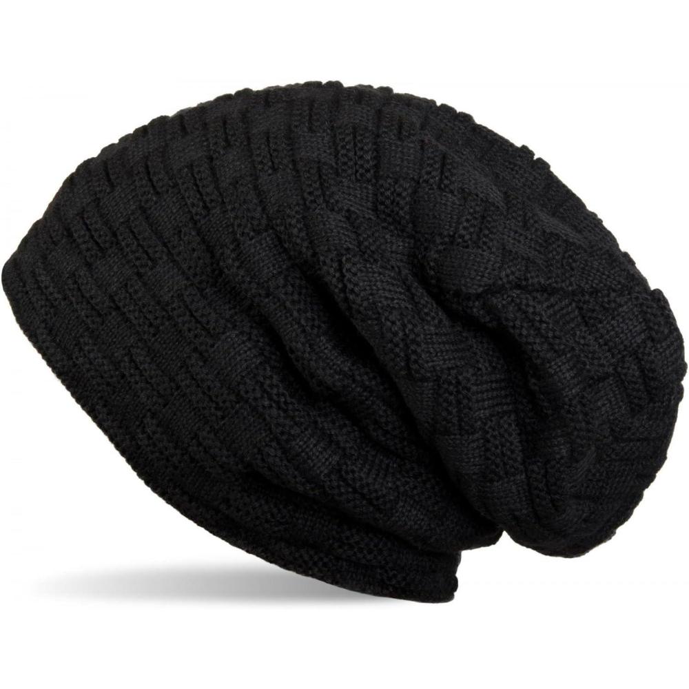 image:imagestyleBREAKER Bonnet Long en Maille Fine avec Motif Tress et Doublure Intrieure en Polaire Chaude Bonnet dhiver Tricot Unisexe lastique Doux Confortable ChaudNoir