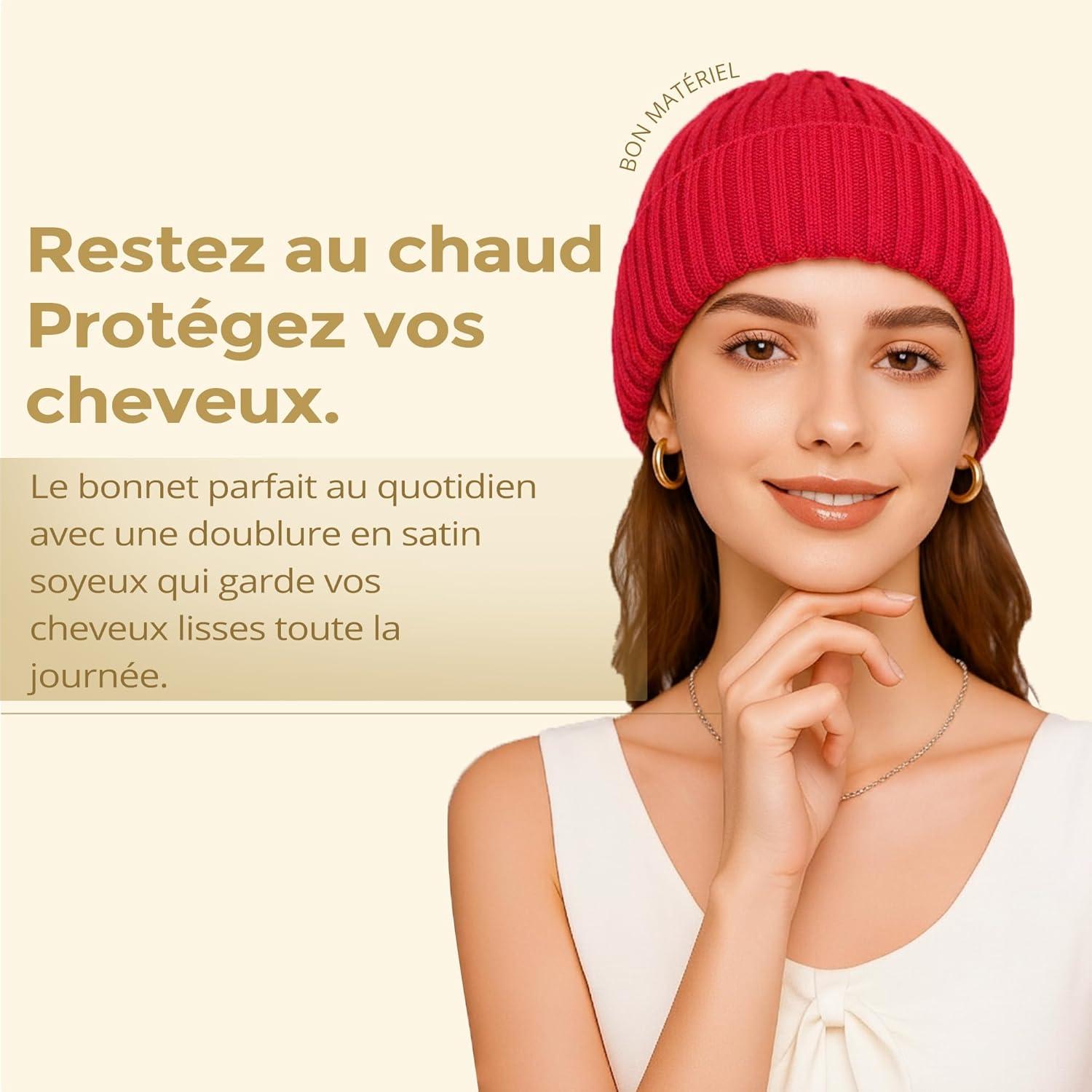 image:imageBonnet Chic doubl de Satin Bonnet dHiver Chaud en Tricot pour Femme ampamp Homme Style Tendance UnisexeRouge vif