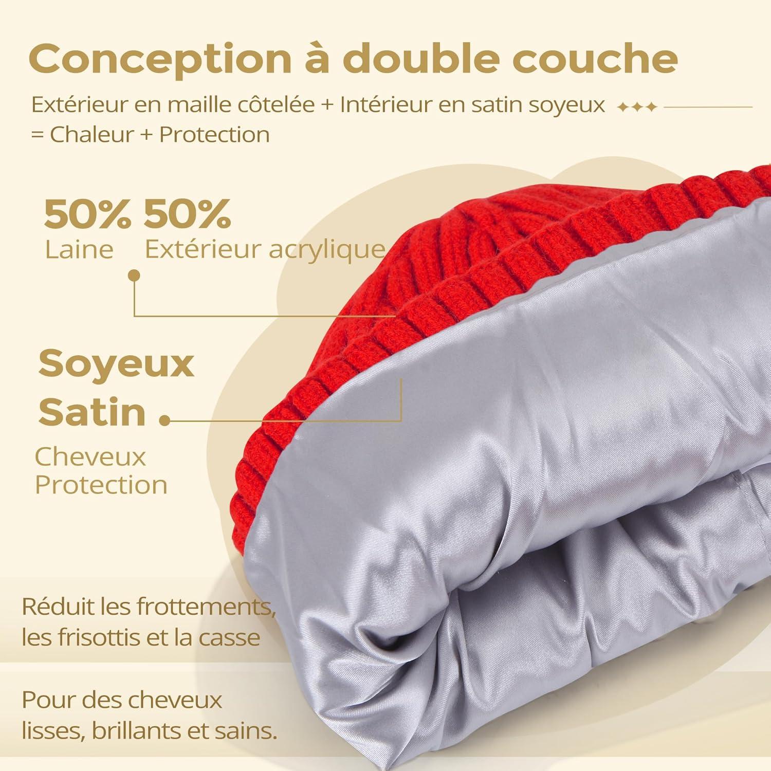 image:imageBonnet Chic doubl de Satin Bonnet dHiver Chaud en Tricot pour Femme ampamp Homme Style Tendance UnisexeRouge vif