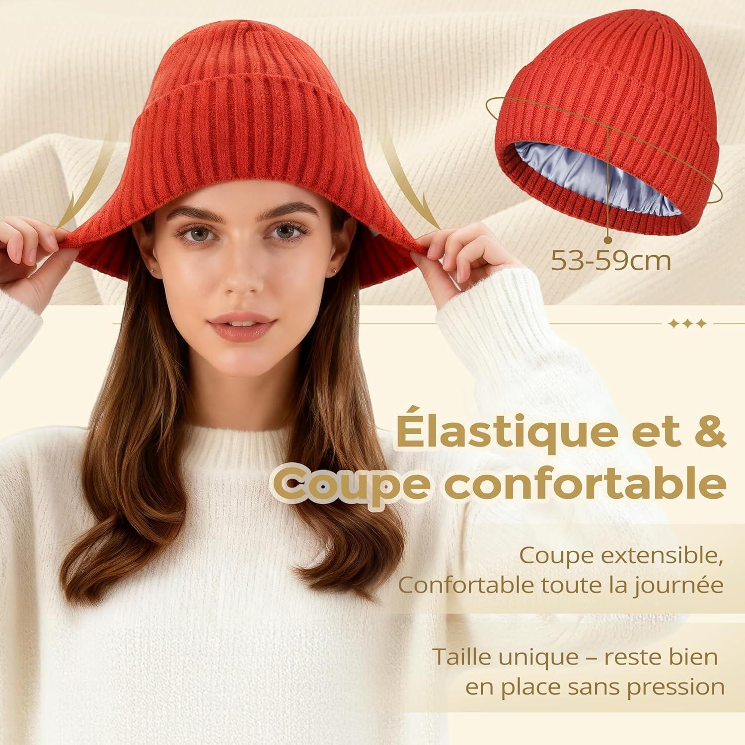 image:imageBonnet Chic doubl de Satin Bonnet dHiver Chaud en Tricot pour Femme ampamp Homme Style Tendance UnisexeRouge vif