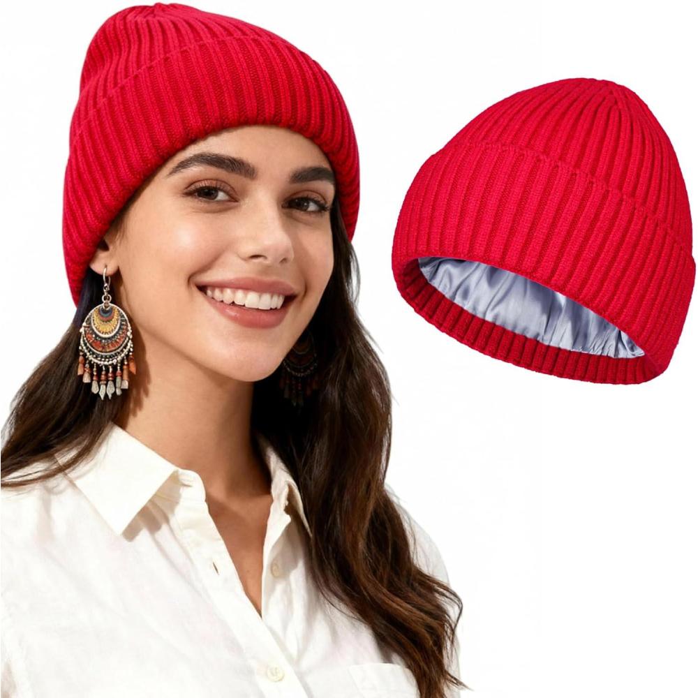 image:imageBonnet Chic doubl de Satin Bonnet dHiver Chaud en Tricot pour Femme ampamp Homme Style Tendance UnisexeRouge vif