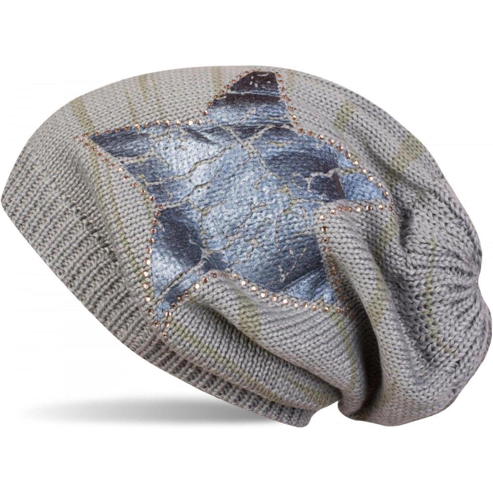 image:imagestyleBREAKER Bonnet Beanie tricot avec Un imprim Vintage en Forme dtoile et Le Bord en Strass Bonnet tricot avec Un Motif ray Unisexe 04024083Gris Clair Bleu
