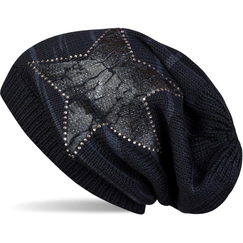 image:imagestyleBREAKER Bonnet Beanie tricot avec Un imprim Vintage en Forme dtoile et Le Bord en Strass Bonnet tricot avec Un Motif ray Unisexe 04024083Minuit Bleu Anthracite