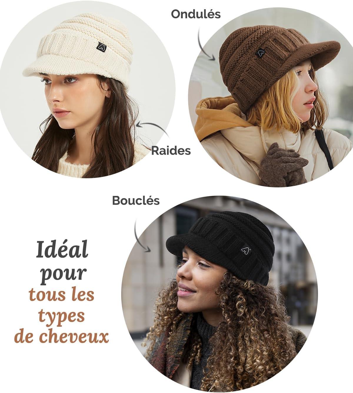 image:imageHat Hut Unisexe Bonnet dHiver Avec Visire Doubl de Satin pour Cheveux Casquette Hiver Chaud Tricot pour Femmes et HommesBeige