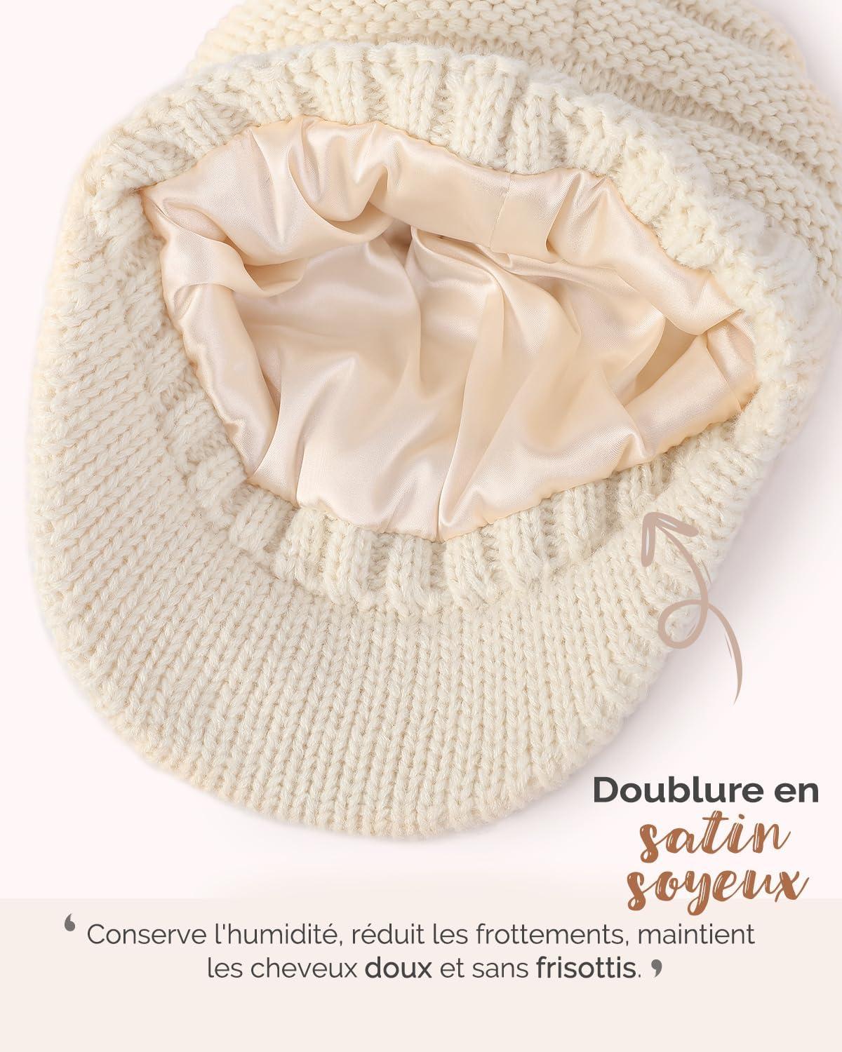 image:imageHat Hut Unisexe Bonnet dHiver Avec Visire Doubl de Satin pour Cheveux Casquette Hiver Chaud Tricot pour Femmes et HommesBeige