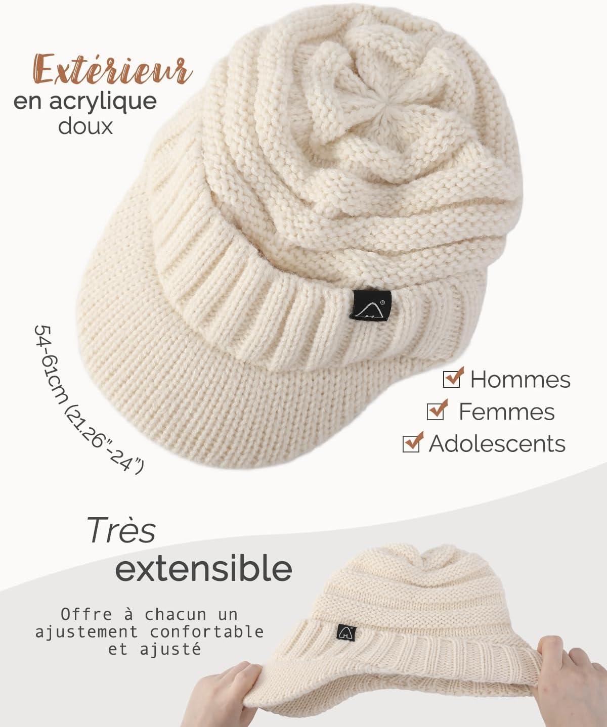 image:imageHat Hut Unisexe Bonnet dHiver Avec Visire Doubl de Satin pour Cheveux Casquette Hiver Chaud Tricot pour Femmes et HommesBeige