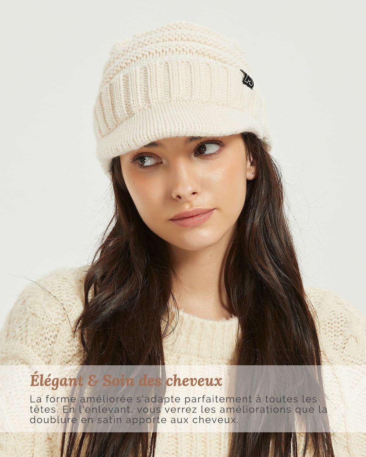 image:imageHat Hut Unisexe Bonnet dHiver Avec Visire Doubl de Satin pour Cheveux Casquette Hiver Chaud Tricot pour Femmes et HommesBeige