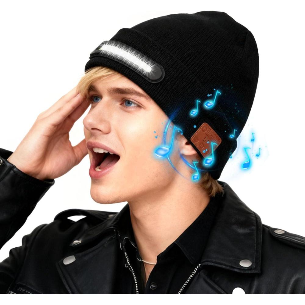 image:imageBeanie Chapeau Hommes Bluetooth Chapeau pour Les Femmes avec LED lumire Hiver tricot Bouchon de Musique avec Hautparleurs stro et Micro Unisex Chapeau de Torche B