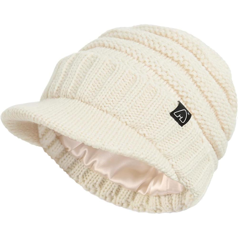 image:imageHat Hut Unisexe Bonnet dHiver Avec Visire Doubl de Satin pour Cheveux Casquette Hiver Chaud Tricot pour Femmes et HommesBeige