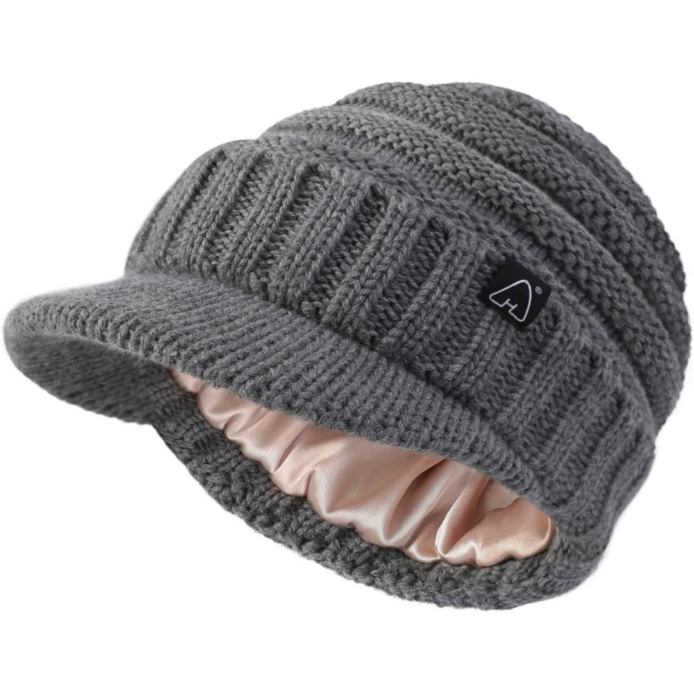 image:imageHat Hut Unisexe Bonnet dHiver Avec Visire Doubl de Satin pour Cheveux Casquette Hiver Chaud Tricot pour Femmes et HommesGris
