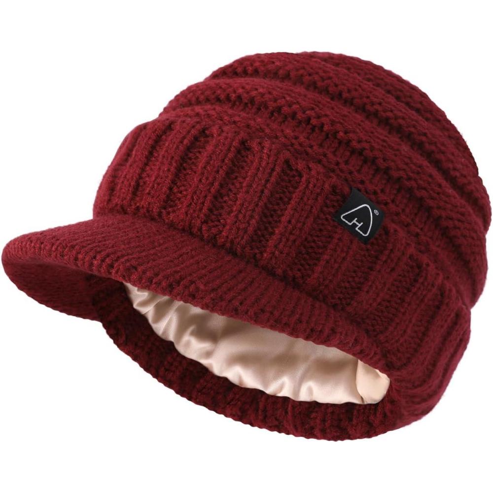 image:imageHat Hut Unisexe Bonnet dHiver Avec Visire Doubl de Satin pour Cheveux Casquette Hiver Chaud Tricot pour Femmes et HommesRouge