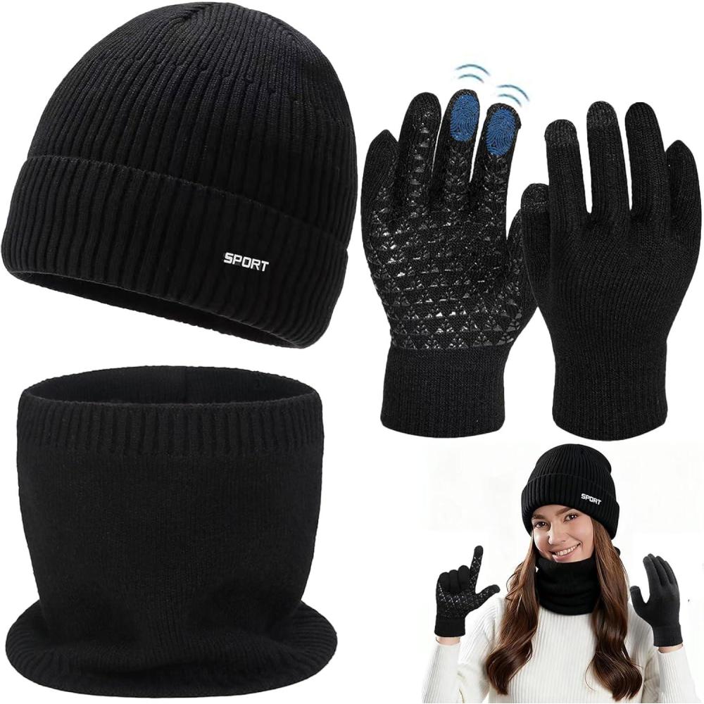 image:imageensemble bonnet echarpe gant Unisexesensemble charpe et chapeautricot chapeau avec doublpour Ski Activit de Plein AirNoir