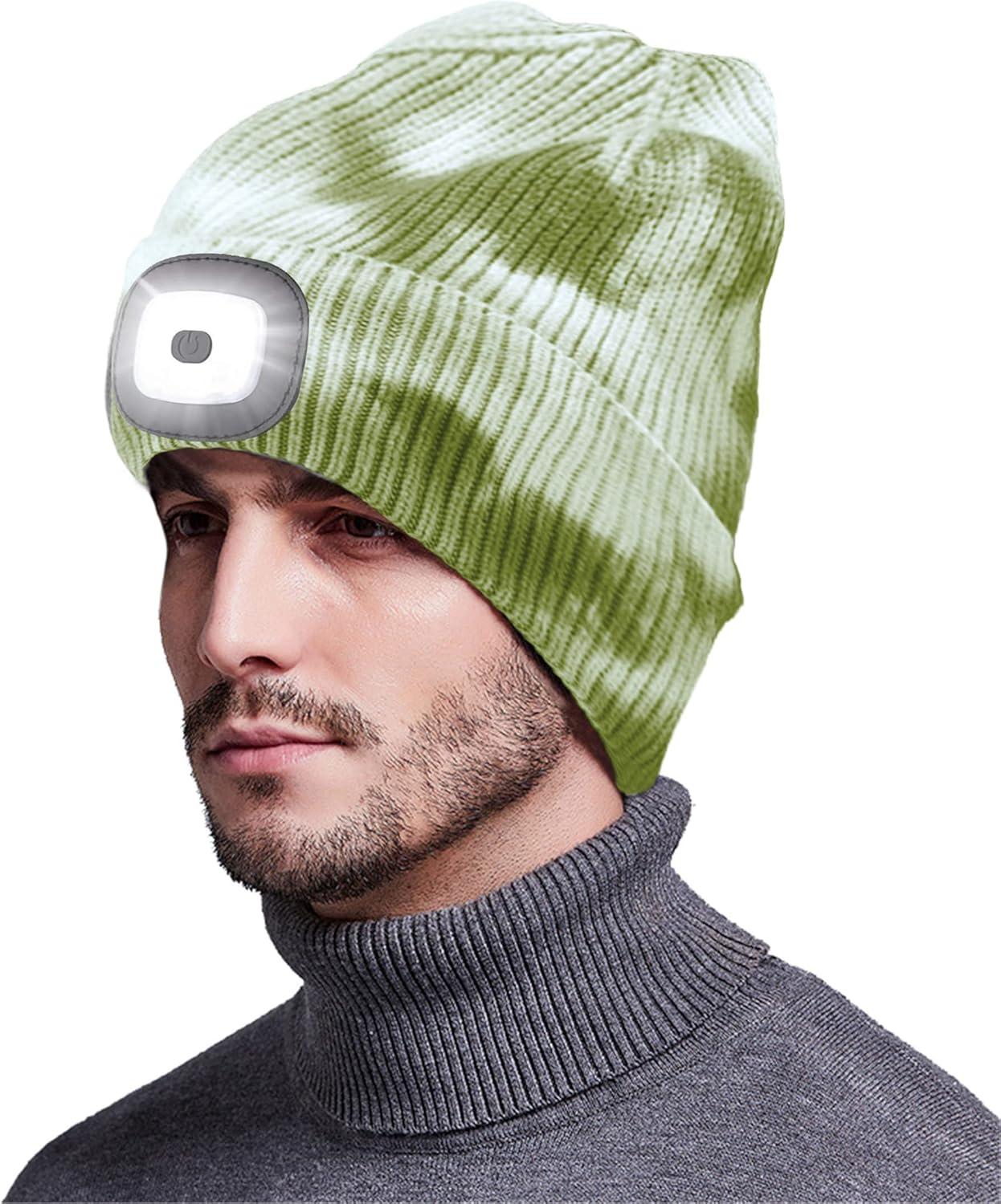 image:imageMorye Bonnet clair par LED Bonnet de Phare Rechargeable par USB Mains Libres 4 LED Chapeaux de Nuit en Tricot dhiver Unisexe avec lumire pour Hommes FemmesTie Dye Vert