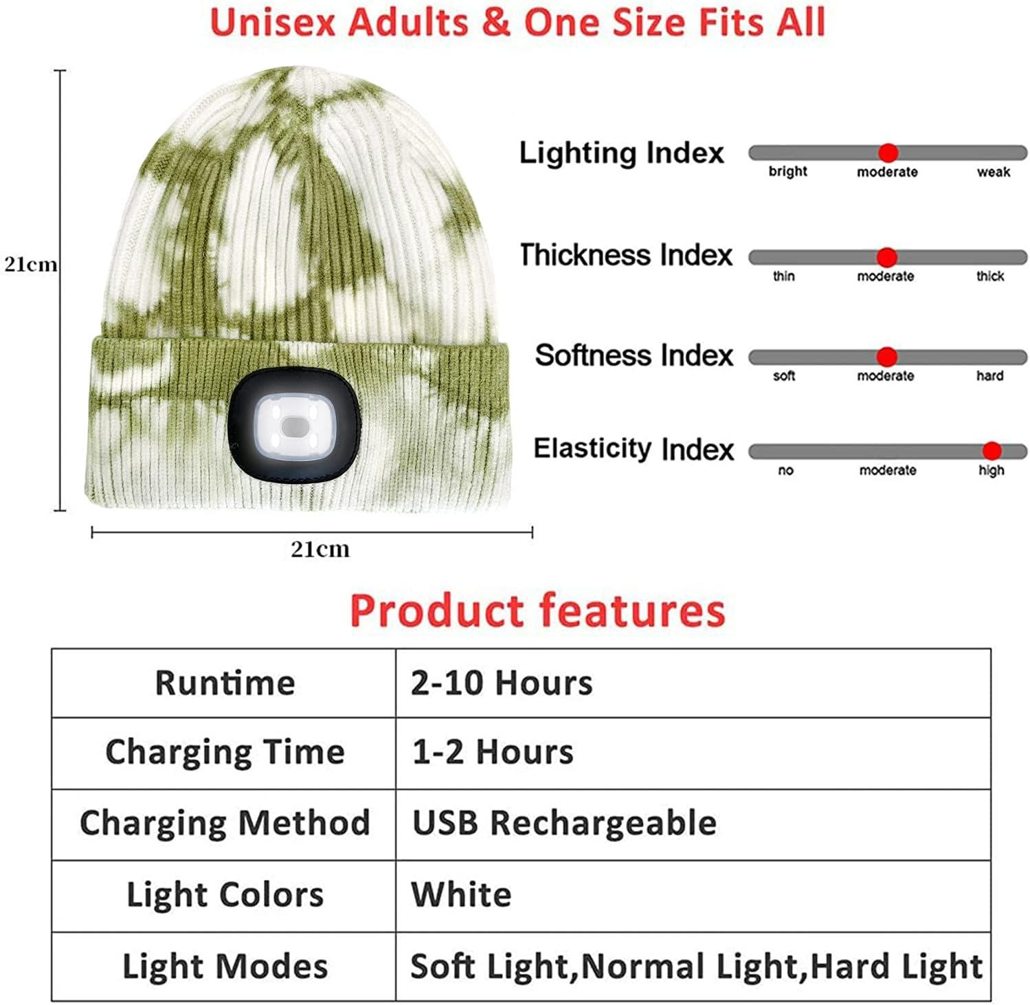 image:imageMorye Bonnet clair par LED Bonnet de Phare Rechargeable par USB Mains Libres 4 LED Chapeaux de Nuit en Tricot dhiver Unisexe avec lumire pour Hommes FemmesTie Dye Vert