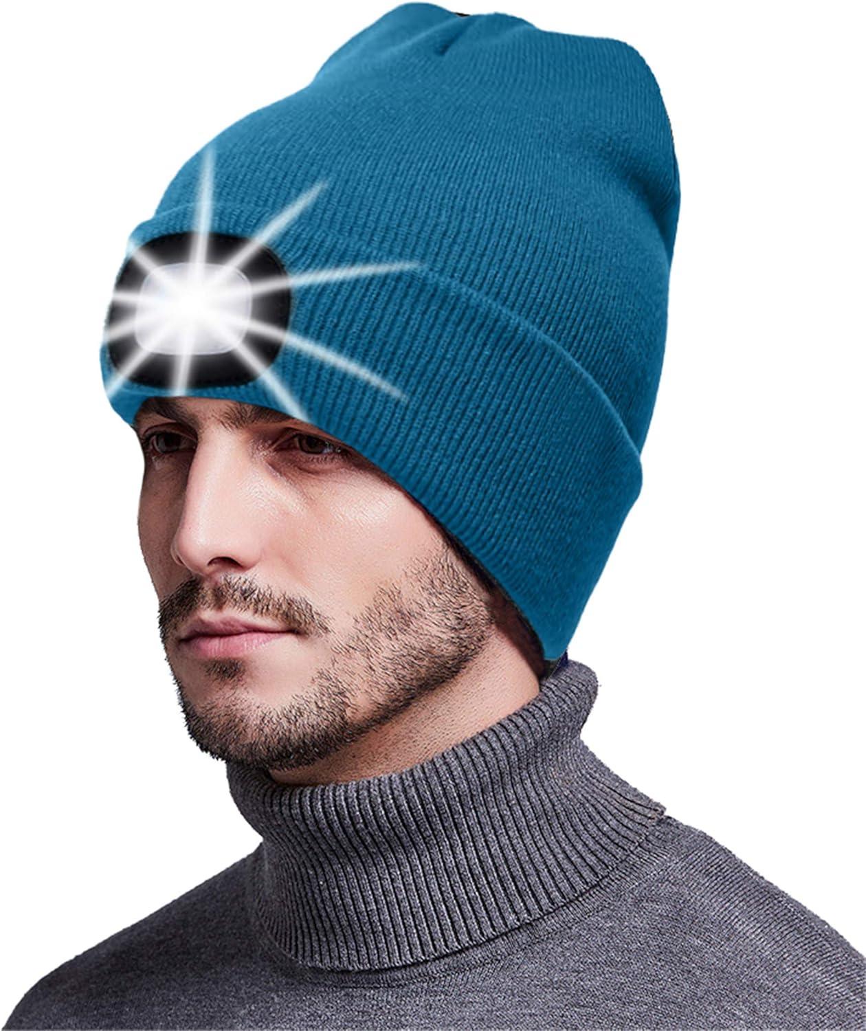 image:imageMorye Bonnet clair par LED Bonnet de Phare Rechargeable par USB Mains Libres 4 LED Chapeaux de Nuit en Tricot dhiver Unisexe avec lumire pour Hommes FemmesPaon Bleu