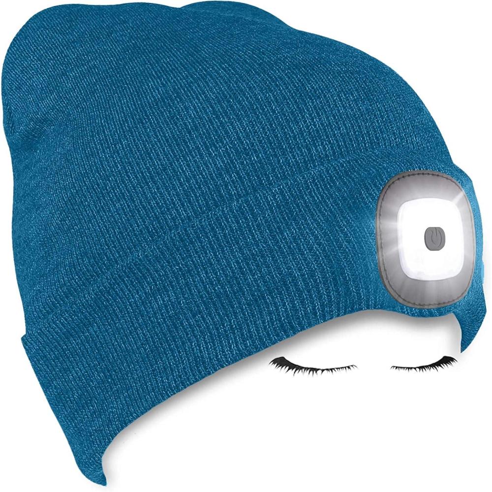 image:imageMorye Bonnet clair par LED Bonnet de Phare Rechargeable par USB Mains Libres 4 LED Chapeaux de Nuit en Tricot dhiver Unisexe avec lumire pour Hommes FemmesPaon Bleu