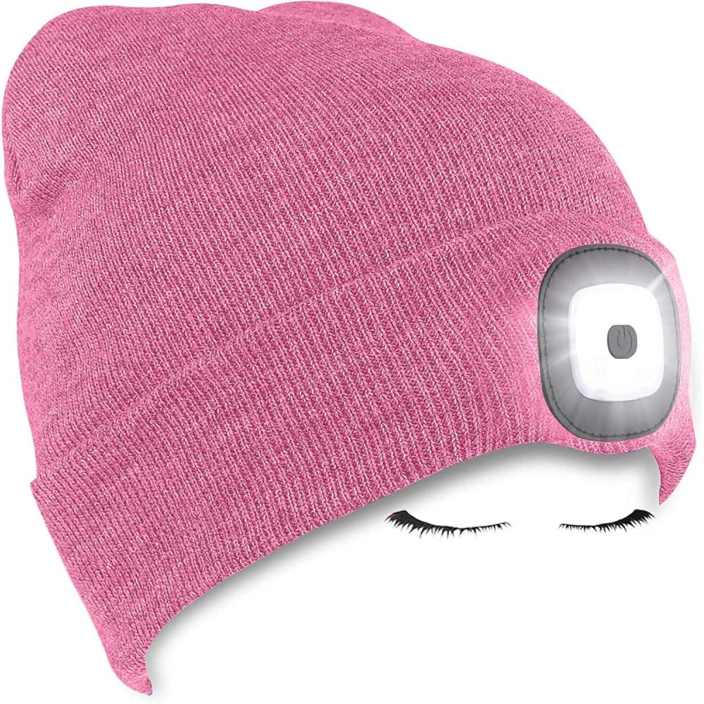 image:imageMorye Bonnet clair par LED Bonnet de Phare Rechargeable par USB Mains Libres 4 LED Chapeaux de Nuit en Tricot dhiver Unisexe avec lumire pour Hommes FemmesRose