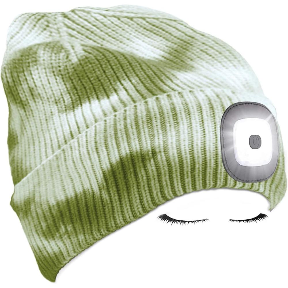 image:imageMorye Bonnet clair par LED Bonnet de Phare Rechargeable par USB Mains Libres 4 LED Chapeaux de Nuit en Tricot dhiver Unisexe avec lumire pour Hommes FemmesTie Dye Vert