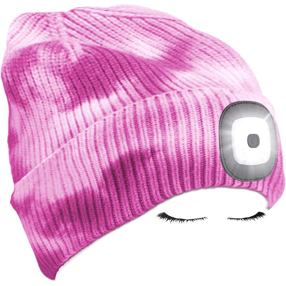 image:imageMorye Bonnet clair par LED Bonnet de Phare Rechargeable par USB Mains Libres 4 LED Chapeaux de Nuit en Tricot dhiver Unisexe avec lumire pour Hommes FemmesTie Dye Rose