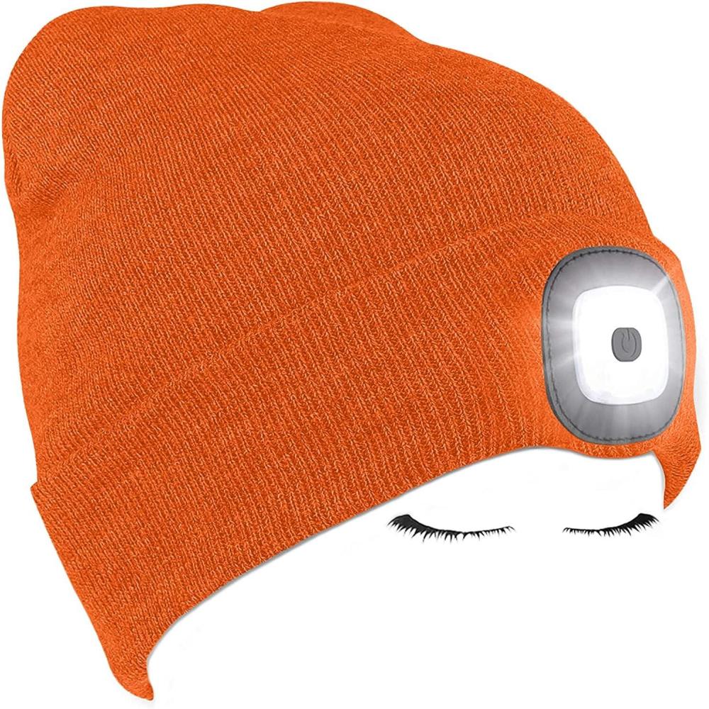 image:imageMorye Bonnet clair par LED Bonnet de Phare Rechargeable par USB Mains Libres 4 LED Chapeaux de Nuit en Tricot dhiver Unisexe avec lumire pour Hommes FemmesOrange Vif