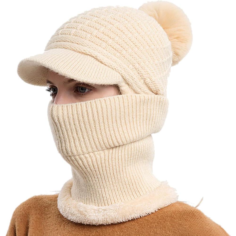 image:imageBonnet Chaud Unisexe pour Femme Et Homme charpe Intgr Pull Casquette Mignon Extrieur Oreille Tricot Chapeau Cachemire Pompon Rose Chic Rouge Hiver Bleu Marine Noir Polaire Pompom enBeige