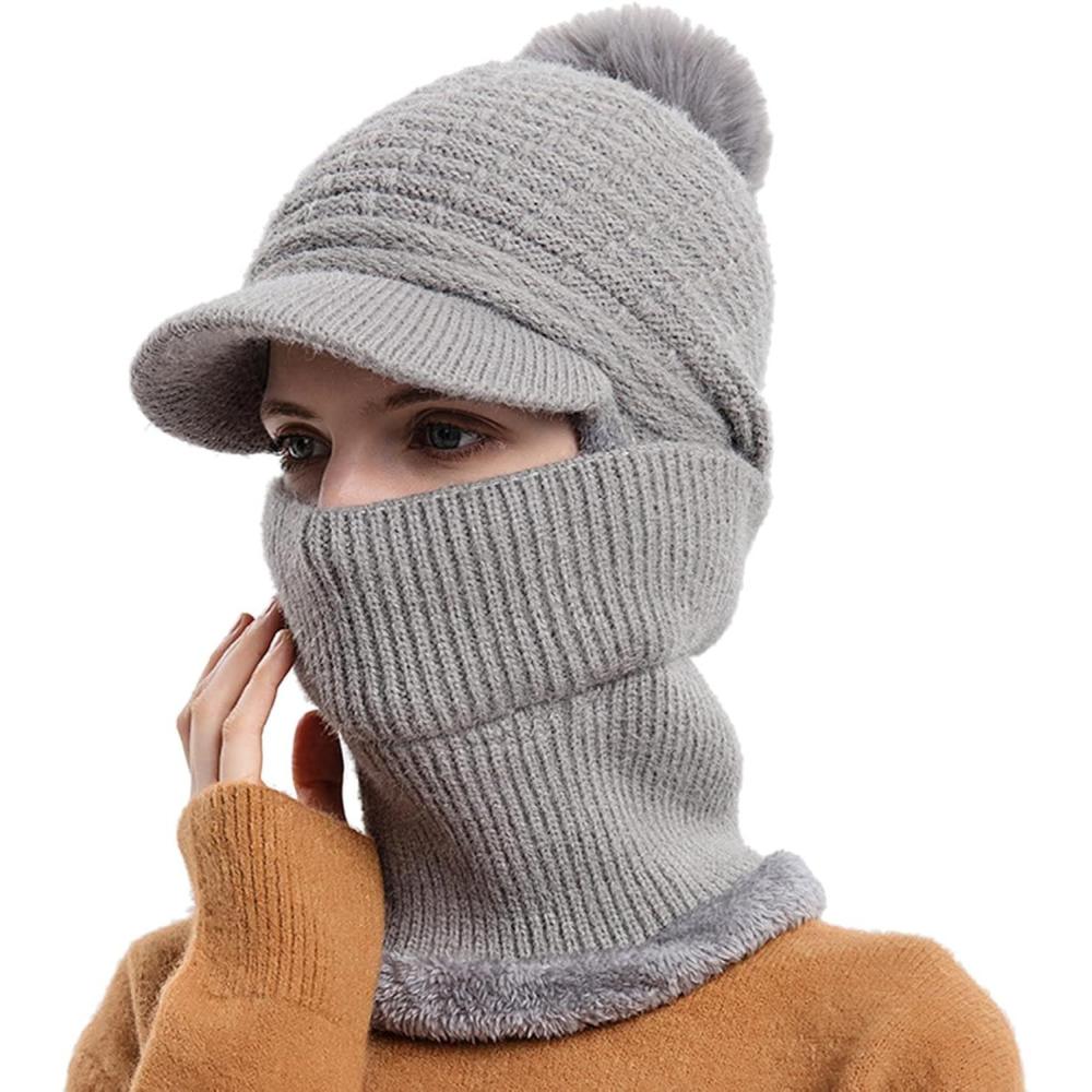 image:imageBonnet Chaud Unisexe pour Femme Et Homme charpe Intgr Pull Casquette Mignon Extrieur Oreille Tricot Chapeau Cachemire Pompon Rose Chic Rouge Hiver Bleu Marine Noir Polaire Pompom enGris