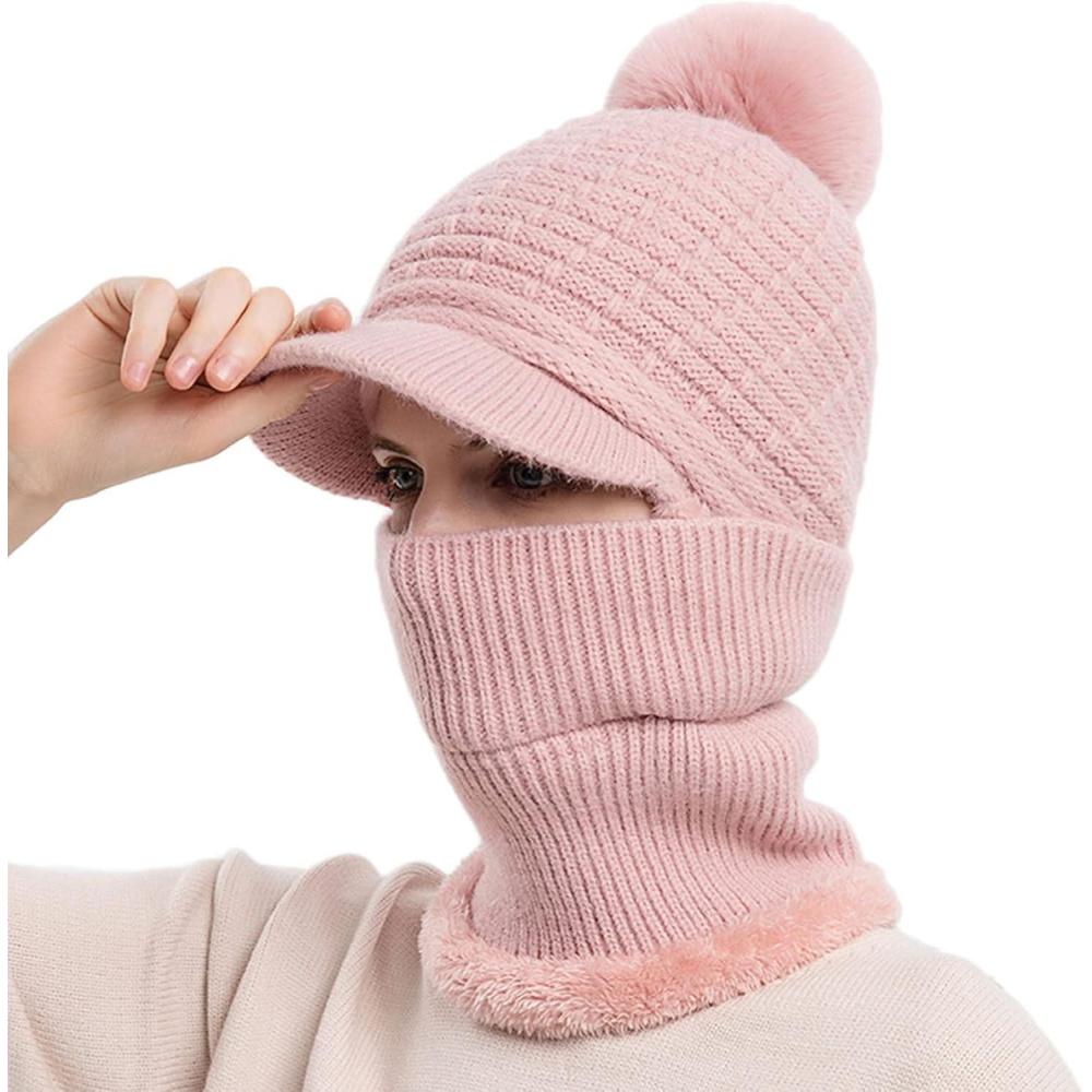 image:imageBonnet Chaud Unisexe pour Femme Et Homme charpe Intgr Pull Casquette Mignon Extrieur Oreille Tricot Chapeau Cachemire Pompon Rose Chic Rouge Hiver Bleu Marine Noir Polaire Pompom enRose