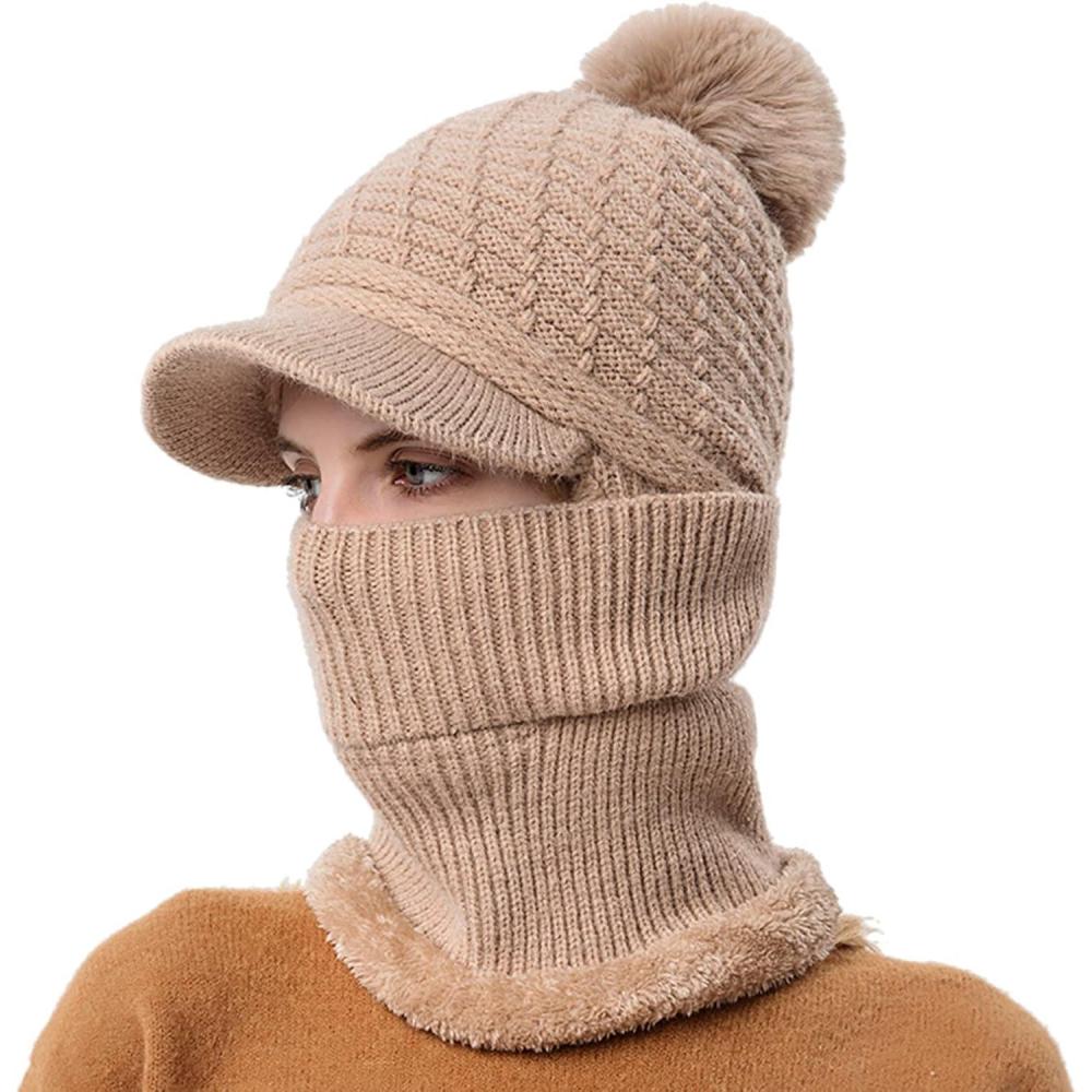 image:imageBonnet Chaud Unisexe pour Femme Et Homme charpe Intgr Pull Casquette Mignon Extrieur Oreille Tricot Chapeau Cachemire Pompon Rose Chic Rouge Hiver Bleu Marine Noir Polaire Pompom enKaki