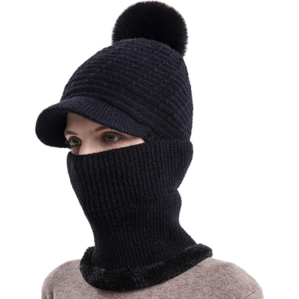 image:imageBonnet Chaud Unisexe pour Femme Et Homme charpe Intgr Pull Casquette Mignon Extrieur Oreille Tricot Chapeau Cachemire Pompon Rose Chic Rouge Hiver Bleu Marine Noir Polaire Pompom enLe noir