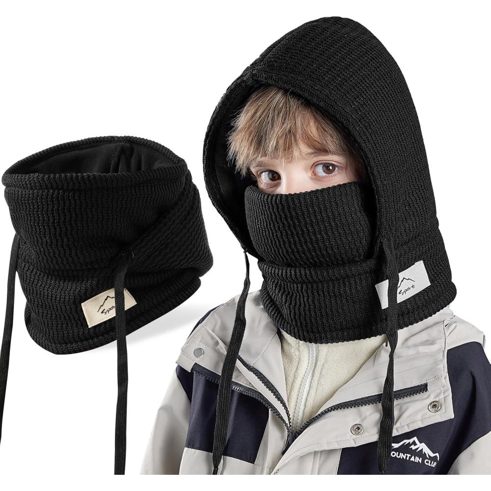image:imageCagoule dhiver Thermique pour Enfants 410Ans Multifonction CoupeVent Masque de Ski Bonnet Tricot Doublure Polaire Chaude Casquette CacheCou Tour de Cou charpe Garons Filles Plein AirNoir