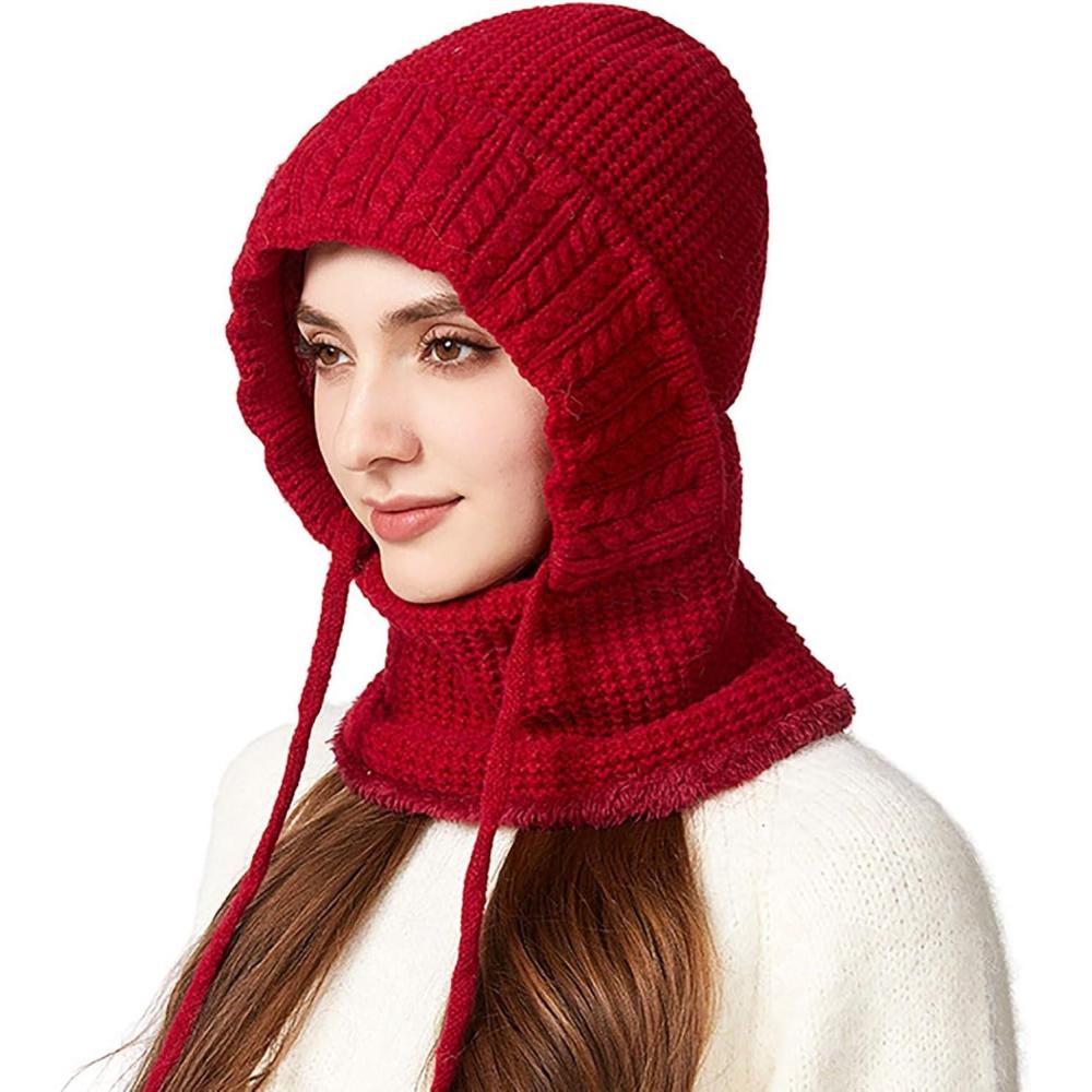 image:imageGenerisch Cagoule avec charpe et masque Bonnet en tricot coupevent avec doublure en polaire Unisexe Automne et hiver Cagoule pour lextrieur le cyclisme et le ski3rouge
