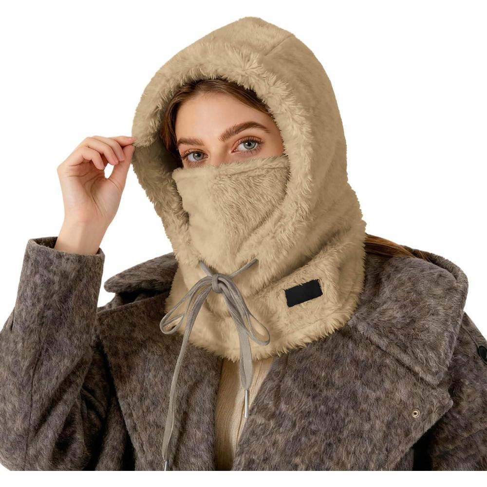 image:imageCagoule Polaire Femme Hiver Balaclava Chapeau Masque de Ski Multifonction Thermique Capuche Tricot Bonnet et Ensembles Cache Cou pour Sports de Plein Air Taille UniqueKaki