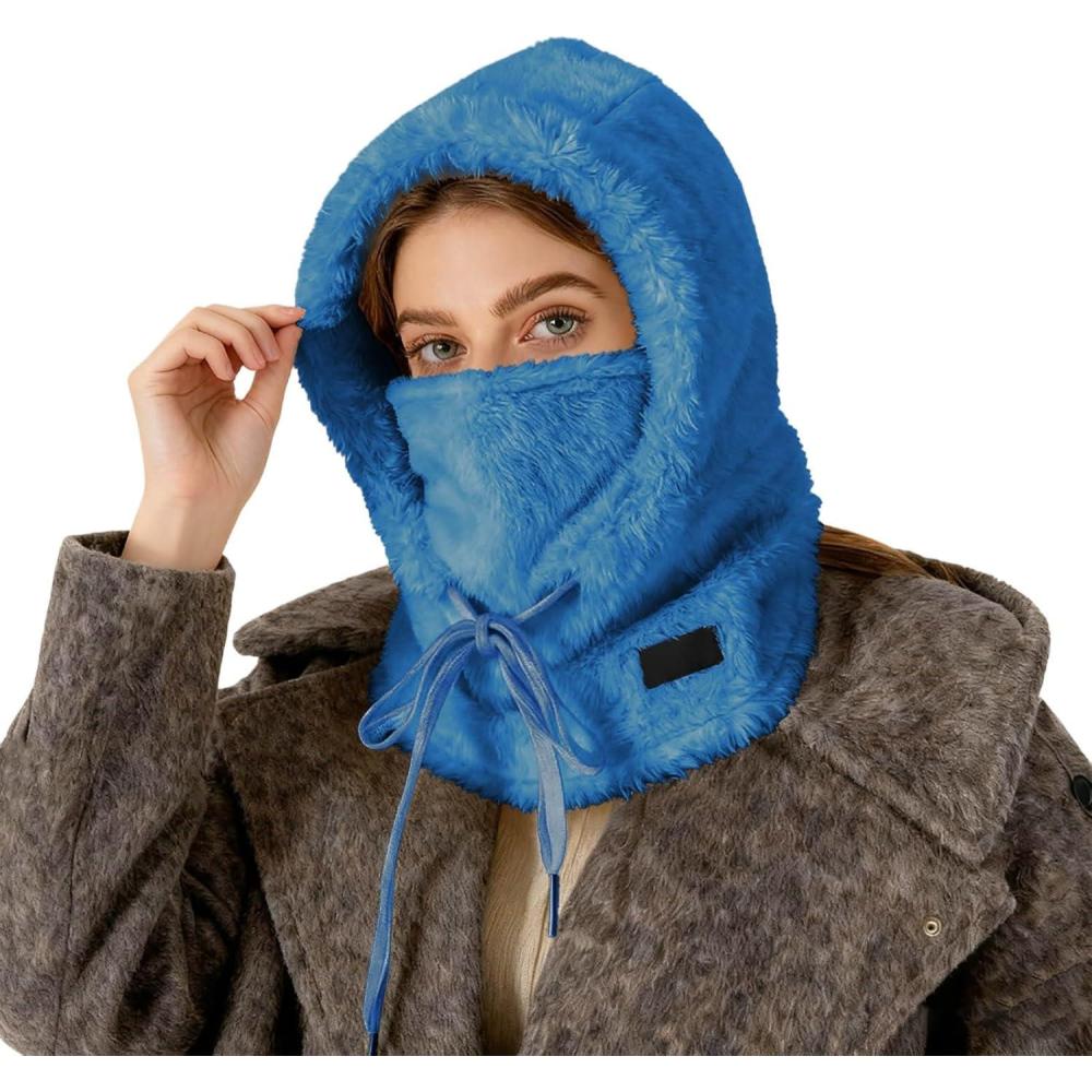 image:imageCagoule Polaire Femme Hiver Balaclava Chapeau Masque de Ski Multifonction Thermique Capuche Tricot Bonnet et Ensembles Cache Cou pour Sports de Plein Air Taille UniqueBleu